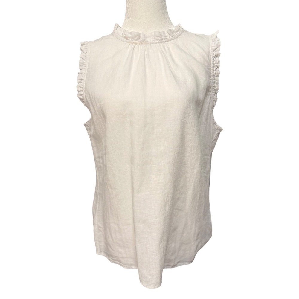 J.Crew White Linen Blend Ruffle Neck Sleeveless Blouse CA112 Size Medium NEW